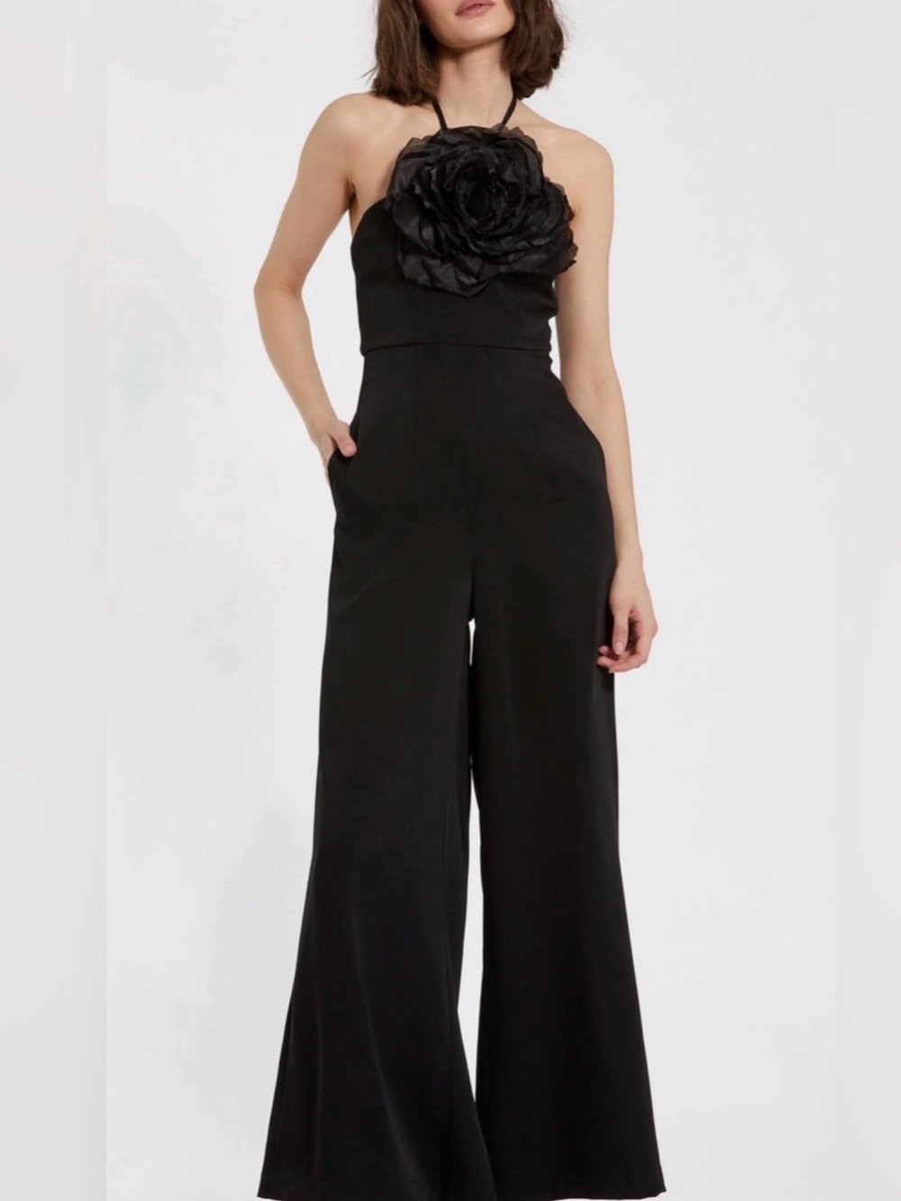 Mac Duggal Black Halter Wide-Leg Jumpsuit with Floral Applique